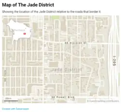 Shows the location of the Jade District relative to the streets bordering it.