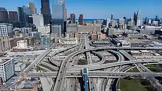 Image 25Aerial photo of the Jane Byrne Interchange (2022) after reconstruction; it initially opened in the 1960s. (from Chicago)