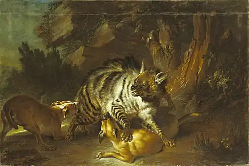 Hyena in the Fight with two Dogs (1739), 130 x 190&nbsp;cm., Ludwigslust Palace
