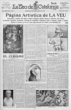 Jean Metzinger, c. 1911, Nature morte, Compotier et cruche décorée de cerfs; Juan Gris, 1911, Study for Man in a Café; Marie Laurencin, c. 1911, Testa ab plechs; August Agero, sculpture, Bust; Juan Gris, 1912, Guitar and Glasses, or Banjo and Glasses. Published in Veu de Catalunya, 25 April 1912