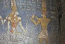 Taharqa making offerings to the lion-headed Appademak. Temple of Mut, Jebel Barkal.
