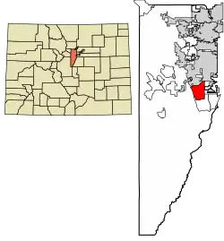 Location of the Dakota Ridge CDP in Jefferson County, Colorado.
