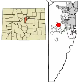 Location of the Genesee CDP in Jefferson County, Colorado.Colorado