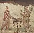 Wilpert's photo of a 3rd century fresco in one of the Sacrament Chapels, Catacomb of Callistus. Christ, clad in the philosopher's pallium, consecrates fish and bread (symbol of the Eucharist); an orans stands beside the tripod.