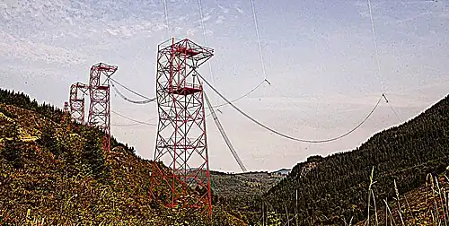 Towers supporting one of two antenna feed bus cables extending along the valley floor from the transmitter building. From each 44&nbsp;m (145&nbsp;ft) tower, a vertical feedline (faintly visible, top of picture) extends 270&nbsp;m (900&nbsp;ft) upward, to attach to the midpoint of each horizontal valleyspan cable.