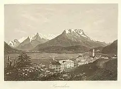 Samedan c. 1870 with the Bernina hotel (opened in 1865), one of the oldest hotels in the Engadin.[4] Etching by Heinrich Müller