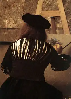 Detail of Vermeer's The Art of Painting with artist using mahlstick