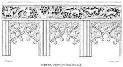 Black and white engraving of the rood screen by John Parker, showing the carving of Melangell, the hare, and the prince.