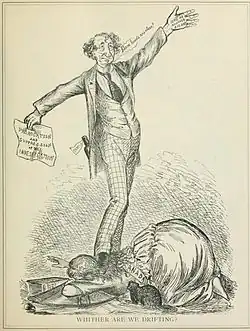 A black-and-white cartoon of a late-middle-aged man standing atop a woman labelled "Canada". His arms are spread and he smiles. On one hand is written "I need another $10,000", and in the other hand is a piece of paper on which is written, "Prorogation and suppression of the investigation".