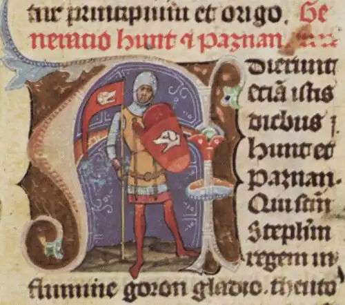 Chronicon Pictum, Hungary, Hungarian nobility, Hont, knight, flag with dog, shield with dog, ancestor, forefather, Hont Pázmány clan, family, medieval, chronicle, book, illumination, illustration, history