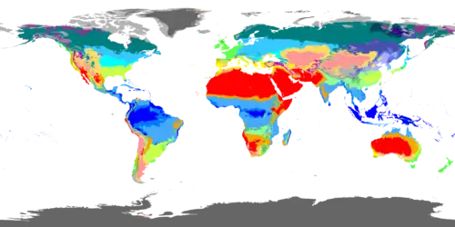 Map of world dividing climate zones, largely influenced by latitude. The zones, going from the equator upward (and downward) are Tropical, Dry, Moderate, Continental and Polar. There are subzones within these zones.