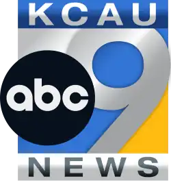 A silvery 9 in a box split between silvery, blue, and yellow pieces, with the ABC logo on top. In a blue box above, the lettering KCAU, and in a silver box below, the word NEWS.