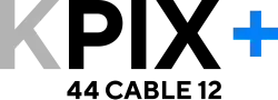 Two lines of text in a bolded sans serif. The top line has the letter "K P I X +", with the "K" colored light gray, "P I X" colored black, and the "+" colored light blue. The smaller bottom line of text, colored black, reads "44 CABLE 12" and is aligned with "P I X".