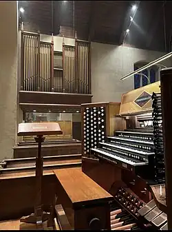 Organ case and console in the sanctuary