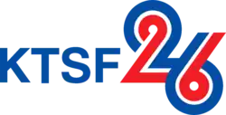 Blue letters K T S F next to a red-white-blue striped stylized numeral 26, with the bottom right of the 2 connecting into the 6
