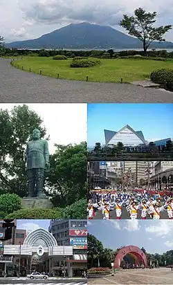 From top, left to right: Sengan-en Garden, Saigō Takamori statue, Kagoshima Aquarium, Ohara Festival, Tenmonkan, Hirakawa Zoological Park