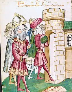 Painting of people entering a building