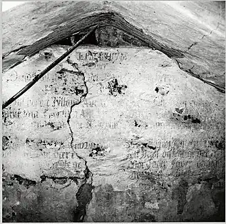 Epitaph to Axel Juel painted on the west wall of the chancel in Landet Church