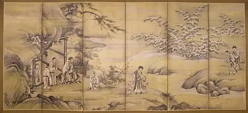 Painting with several scenes in a natural setting