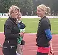 TV presenter (and former heptathlete) Kateřina Nekolná interviewing Eliška Klučinová for ČT4 channel. Klučinová equalled 22 years old Czech record in heptathlon at this competition.