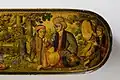 Lacquer pen box painted in Muhammad Zaman's style. Signed Haji Muhammad,[note 24] 1124 AH (1712-13 AD). Khalili Collections