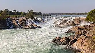 Khone Phapheng Falls, located on the Mekong River near the border with Cambodia, at 10.7 km (6.6 mi) wide, it is the widest waterfall in the world.