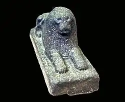 Lion inscribed with the name of the Hyksos ruler Khyan, found in Baghdad, suggesting relations with Babylon. The prenomen of Khyan and epithet appear on the breast. British Museum, EA 987.[44][45]