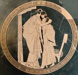 Attic kylix depicting a lover and a beloved kissing. Artist: painter of Briseis. Around 480 BCE. Louvre Museum[63]