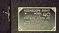 A Kodak Kodascope Eight Model 40 manufacturer plate.