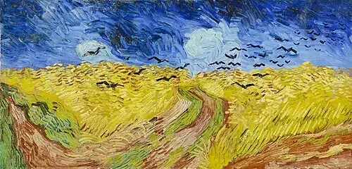 A painting of a wheat field with crows flying above.