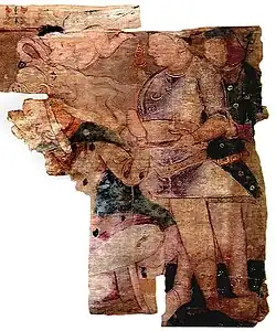 Painting of a Kushan ruler (probably Huvishka, seated) and attendants, Bactria, 74-258 CE.[19]