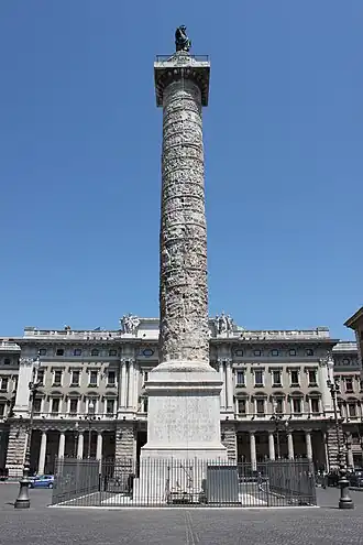 Column of Marcus Aurelius. An almost 30 m high spiral staircase winds up inside, with 14 steps per full turn.