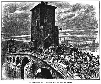 Black-and-white engraving depicting 1711 human crush on an arch bridge