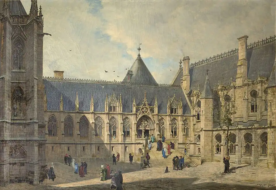 Cour du Mai in the late Middle Ages, reconstruction by Emmanuel Lansyer&nbsp;[fr], 1878