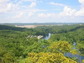 Lake Taneycomo as seen from an observation point on Route 165. The dam in the background impounds Table Rock Lake.