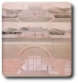 A 19th-century architectural drawing, showing three views of the house: from the front, the back, and as a floorplan.