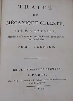 Title page to Volume I of "Traité de mécanique céleste" (1799)