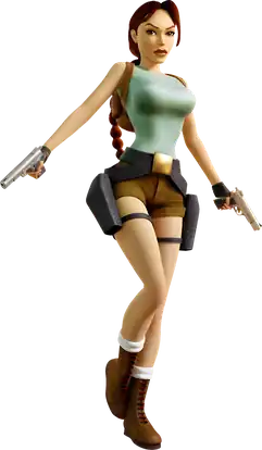 Computer generated image of a 3D character model of a woman with a long brown braided ponytail and two pistols wearing a light blue sleeveless shirt, brown shorts, black gun holsters and brown boots.