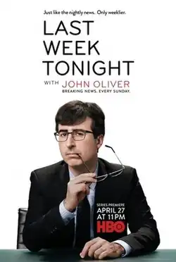 Photo of Oliver wearing a suit and glasses while holding another pair. The large text above him reads "Last Week Tonight with John Oliver" and "Like the nightly news. Only weeklier."