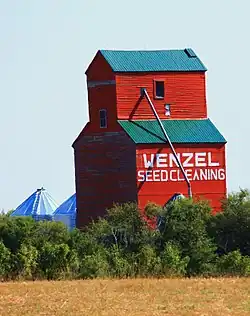 Grain elevator originally from Lemsford, now located at a farm south of Leader, on Highway 21