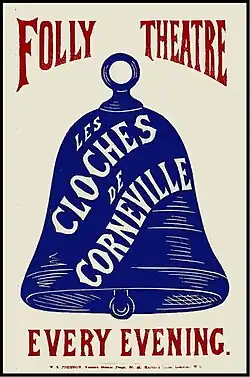 Theatre poster showing a large bell and the name of the show: Les cloches de Corneville