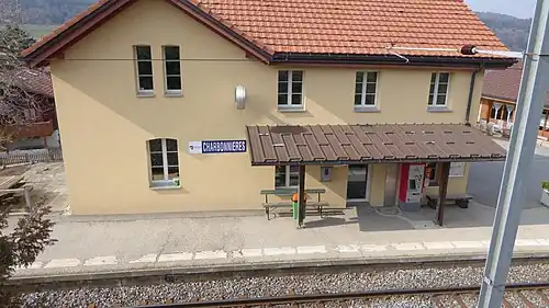 Railway track next to two-story station building