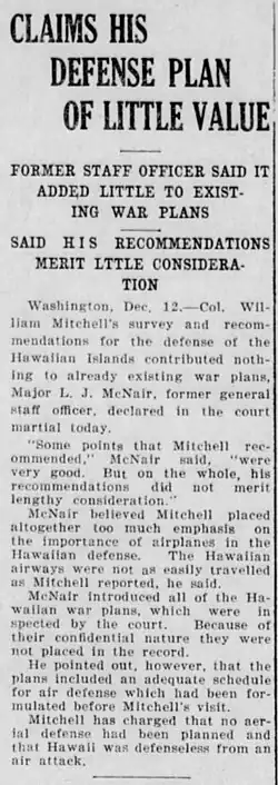 Newspaper account of McNair testimony at Billy Mitchell's 1925 court-martial