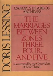 Front cover of the first US edition of The Marriages Between Zones Three, Four and Five showing the author's name and book title on a crimson and sandy brown background
