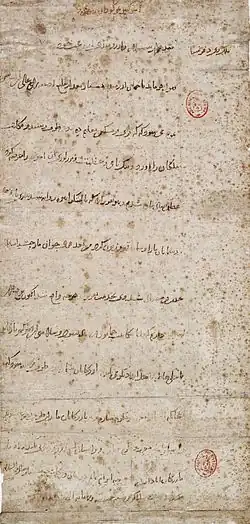Long vertical mottled grey paper, with a dozen widely spaced lines of horizontal Arabic-looking script. There are two small oval red designs which have been stamped along the righthand margin of the paper.
