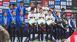 Mixed team relay's podium at the 2025 UCI Cyclo-cross World Championships