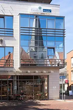 Reformed church mirrored in the Kornblume windows
