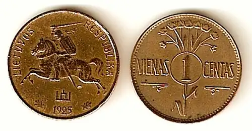 Coin of 1 Lithuanian cent with Vytis and the Columns of Gediminas