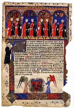 Portraits of capitouls from the year 1393–1394. The arms of Toulouse are represented by two angels shrouded in gold.