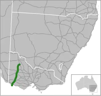 Road map showing a north-south road in Victoria's west covering most of the length of the state